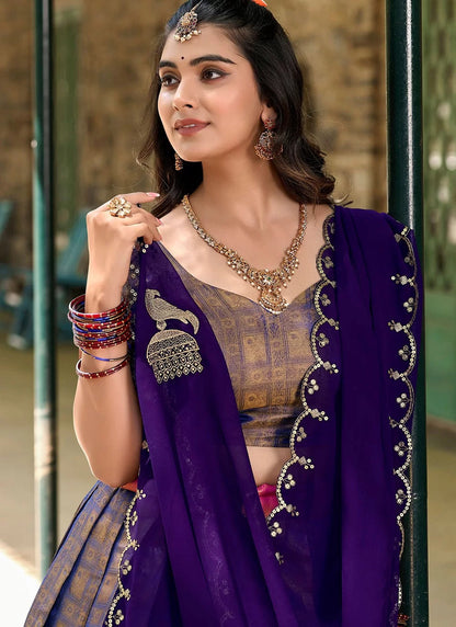 Lorenvalley Blue Kanjivaram Silk Zari Weaving Lehenga Choli with Dupatta