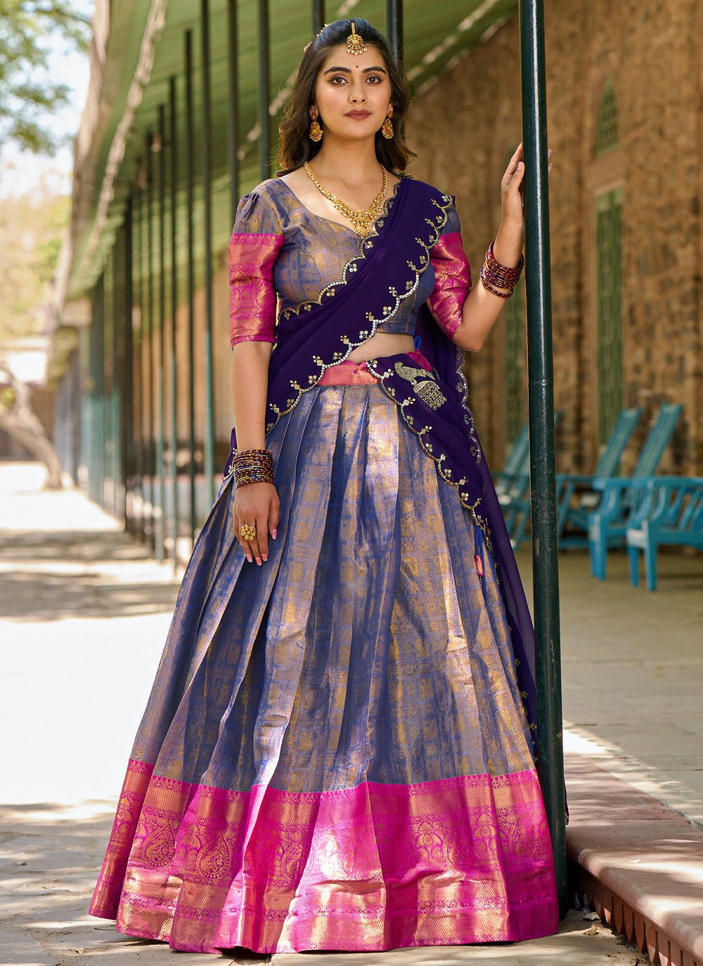 Lorenvalley Blue Kanjivaram Silk Zari Weaving Lehenga Choli with Dupatta