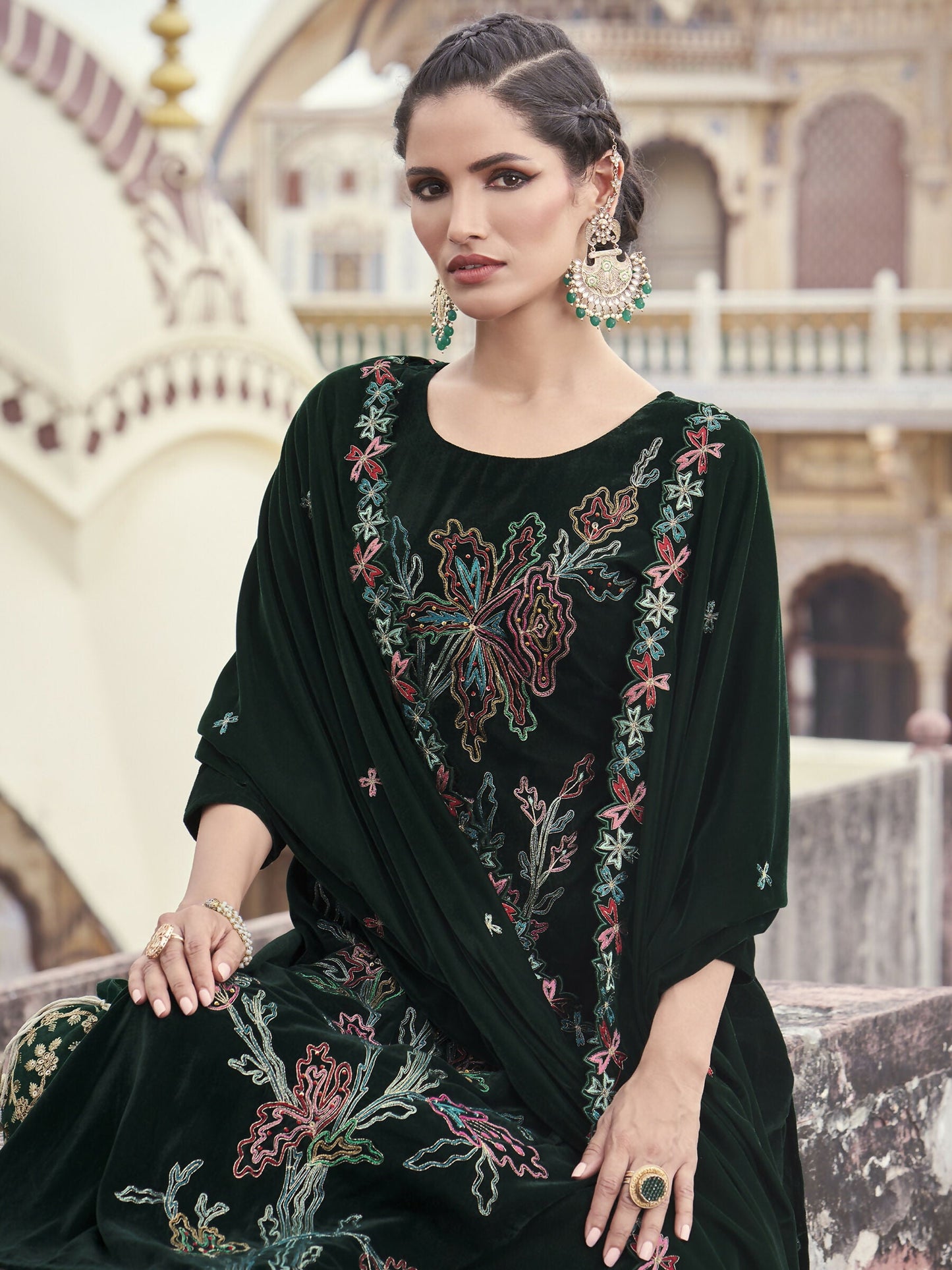 Jyoti Fashion Women's Green Velvet Resham Thread with Jari & Sequin Kurta with Trouser & Dupatta