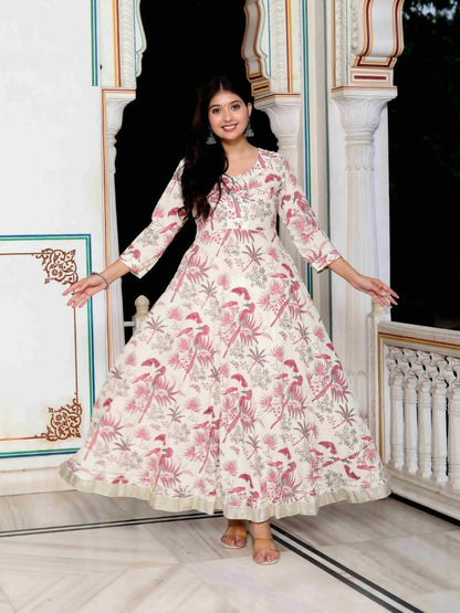 Miravan Women's Light Pink Cotton Gotapatti Birds And Leaf Floral Printed Anarkali Kurta