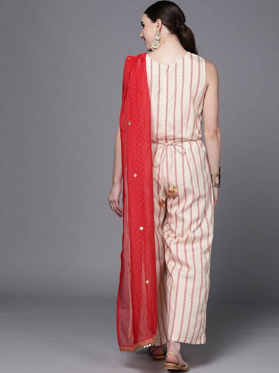 Ahalyaa Off White & Red Printed Basic Jumpsuit