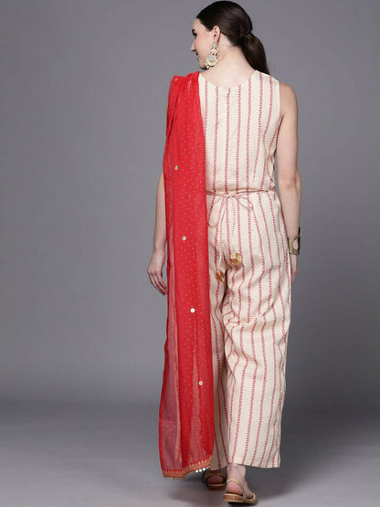 Ahalyaa Off White & Red Printed Basic Jumpsuit