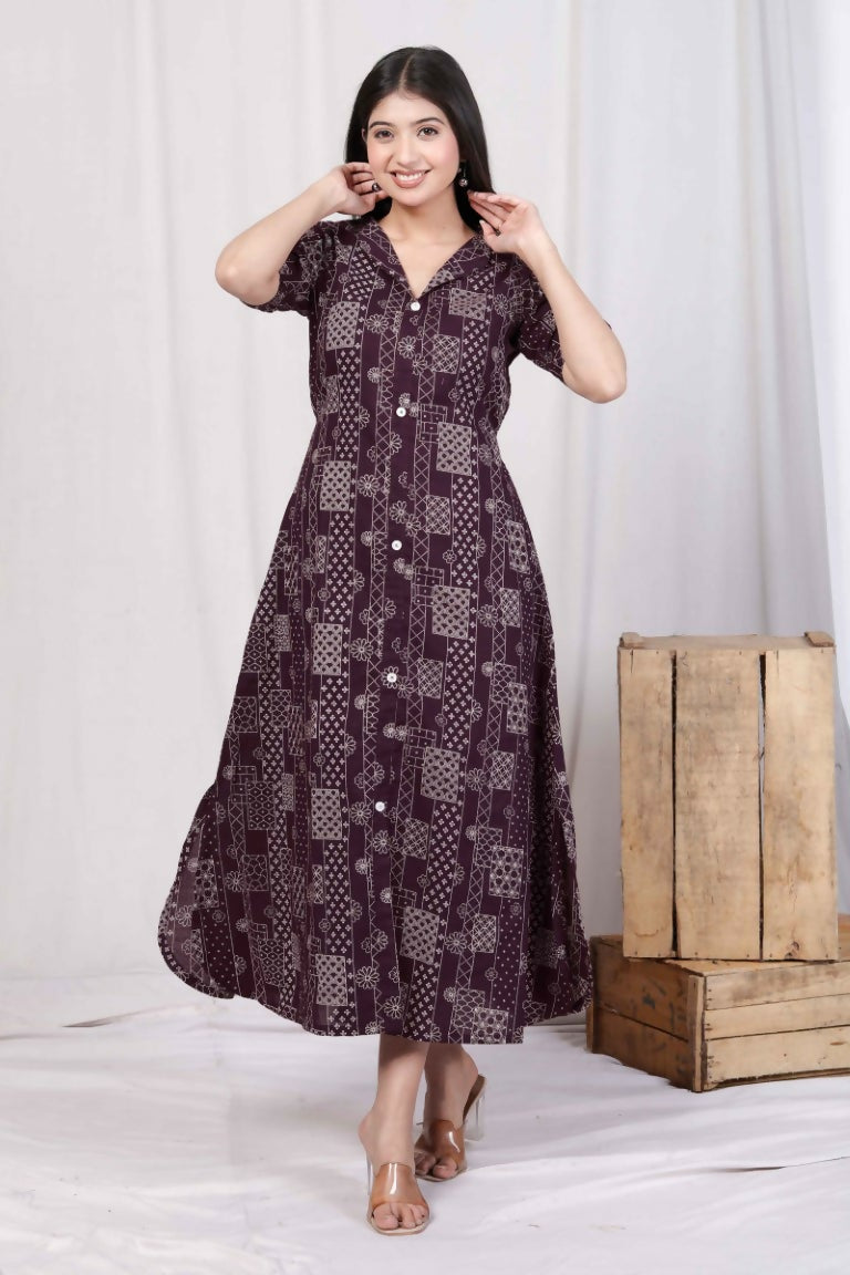 Miravan Women's Wine Mandarin Neck Floral Printed A-Line Party wear Maxi Dress
