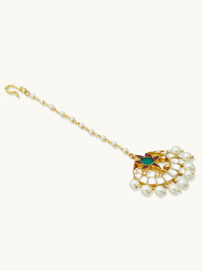 Nuyug 22K Gold-Plated Green Stone & Kundan Studded with Pearl Drop Maang Tikka Head Jewellery