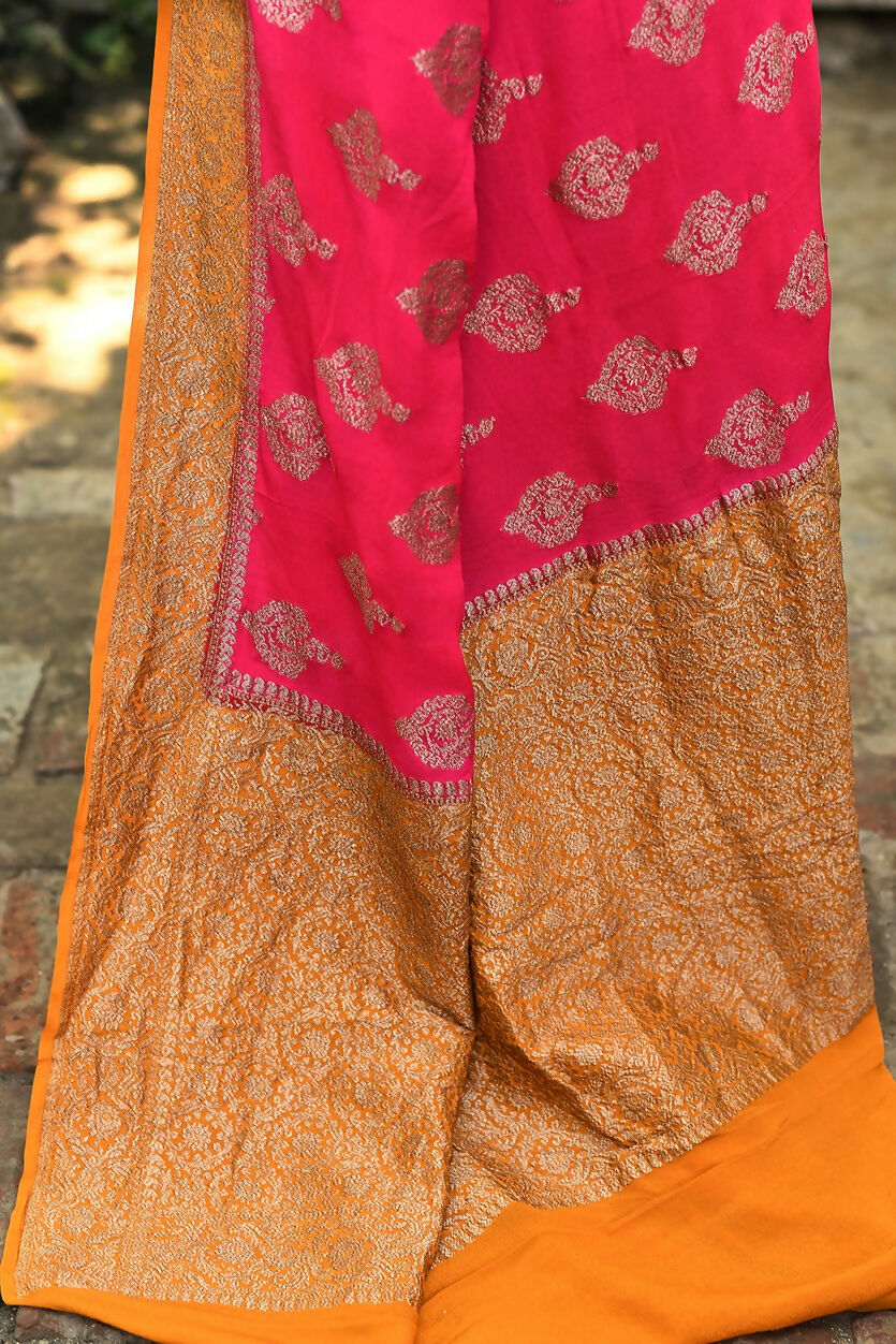 Joban Fashion Bright Pink Crepe Chiffon Pure Handloom Banarasi Silk Saree