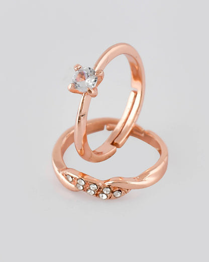 VOJ Stainless Steel Cubic Zirconia Rose Gold-Polished Adjustable Ring Set for Couple