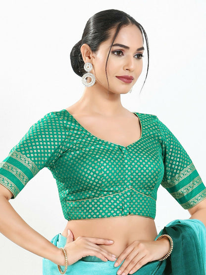 Joban Fashion Rama Green Brocade Padded Blouse With Round Neck Elbow Sleeves