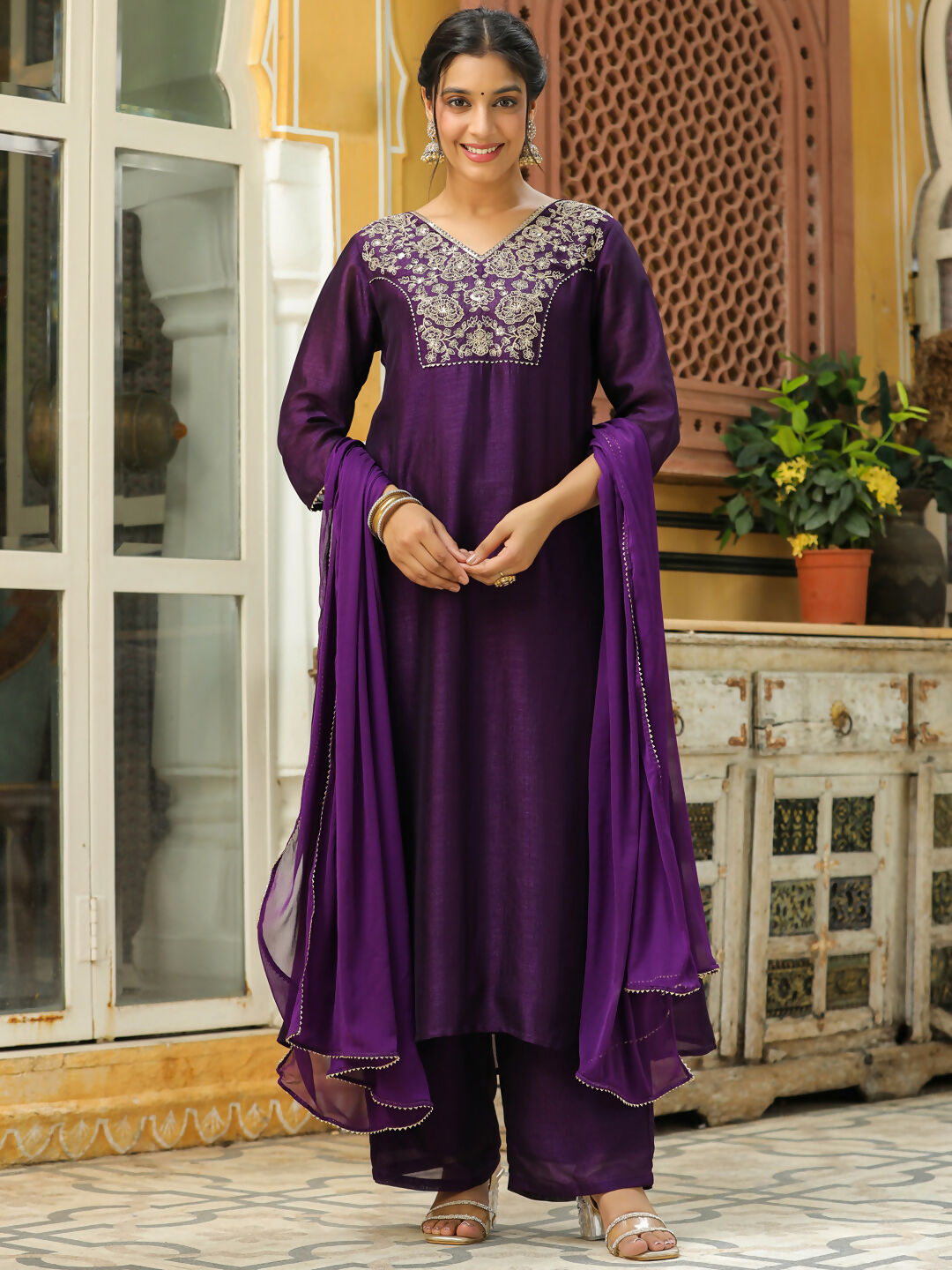Janasya Purple Silk Blend Yoke Embroidery Kurta,Bottom & Dupatta