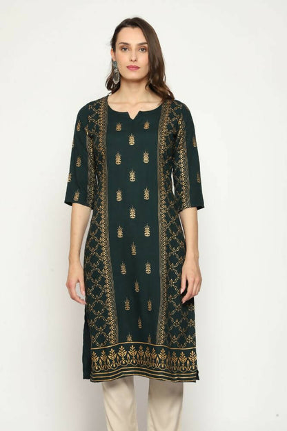 Maai Rayon Hand Printed Kurta Green