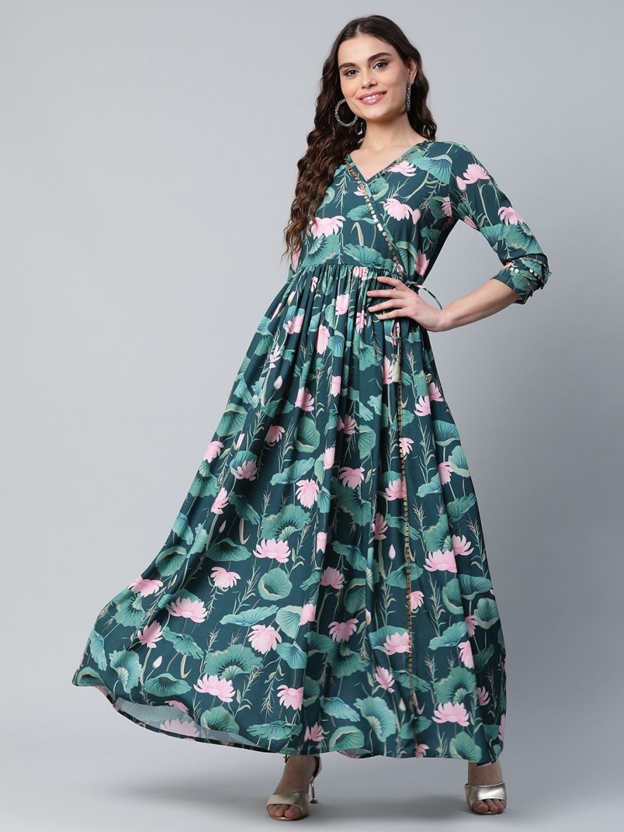 Ahalyaa Women Dark Green Crepe Digital Print Dress