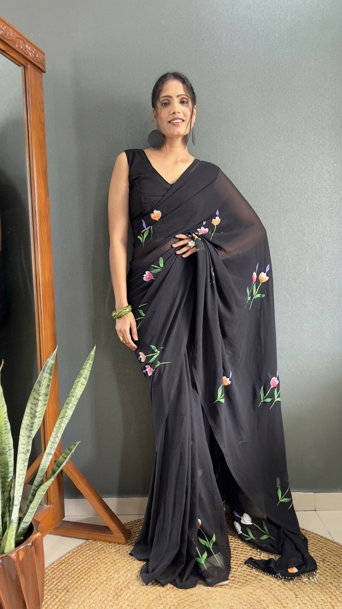 Aayaa Designer 1 min Hand Painted Ready to Wear saree - Black