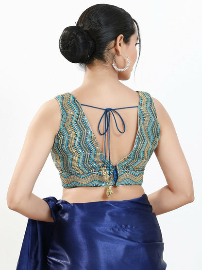 Joban Fashion Blue Multi Silk Padded Blouse With V Neck Sleeveless