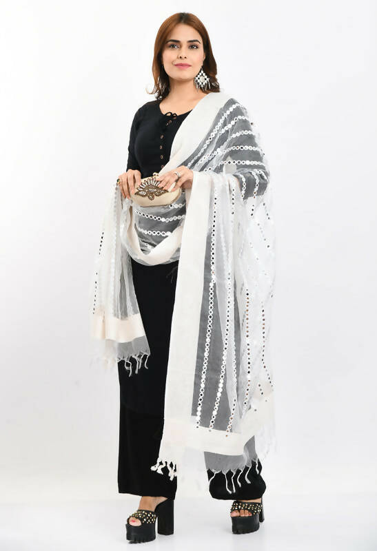 Mominos Fashion Moeza Women's Orgenza Mirror Stripe Thread Work White Dupatta