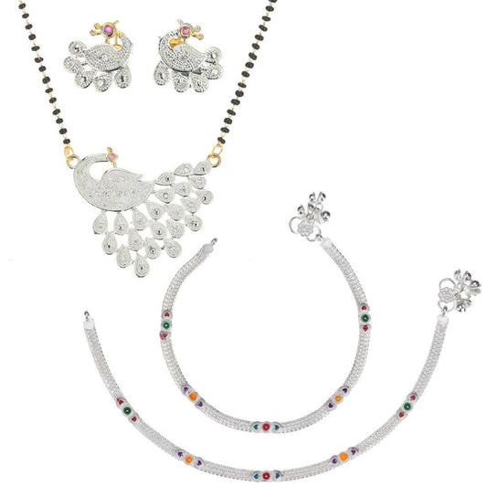 AanyaCentric Gold-Polished Mangalsutra Pendant Earring Set & Silver Plated Anklet