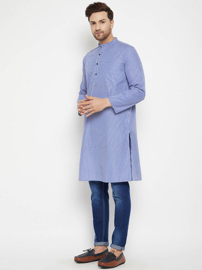 Even Apparels Blue Color Pure Cotton Long Men's Kurta With Band Collar