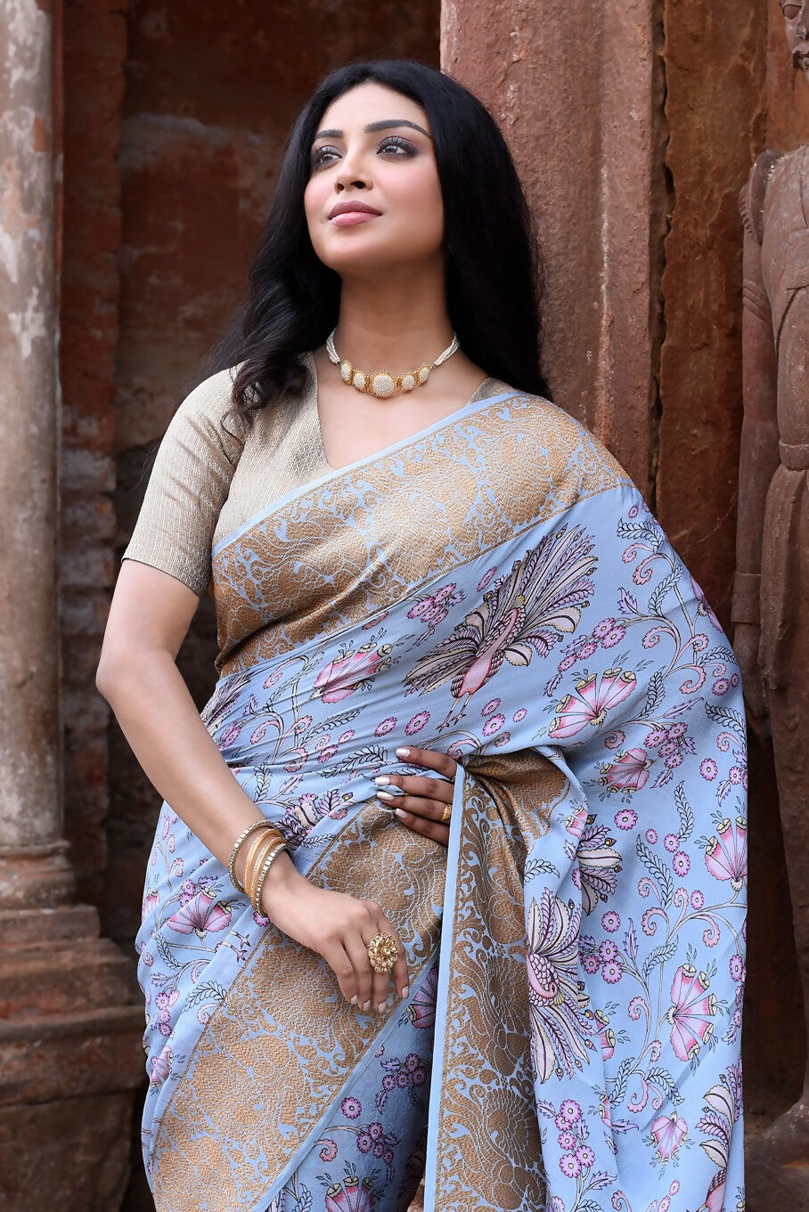 Joban Fashion Light Blue Crepe Chiffon Pure Handloom Banarasi Silk Saree