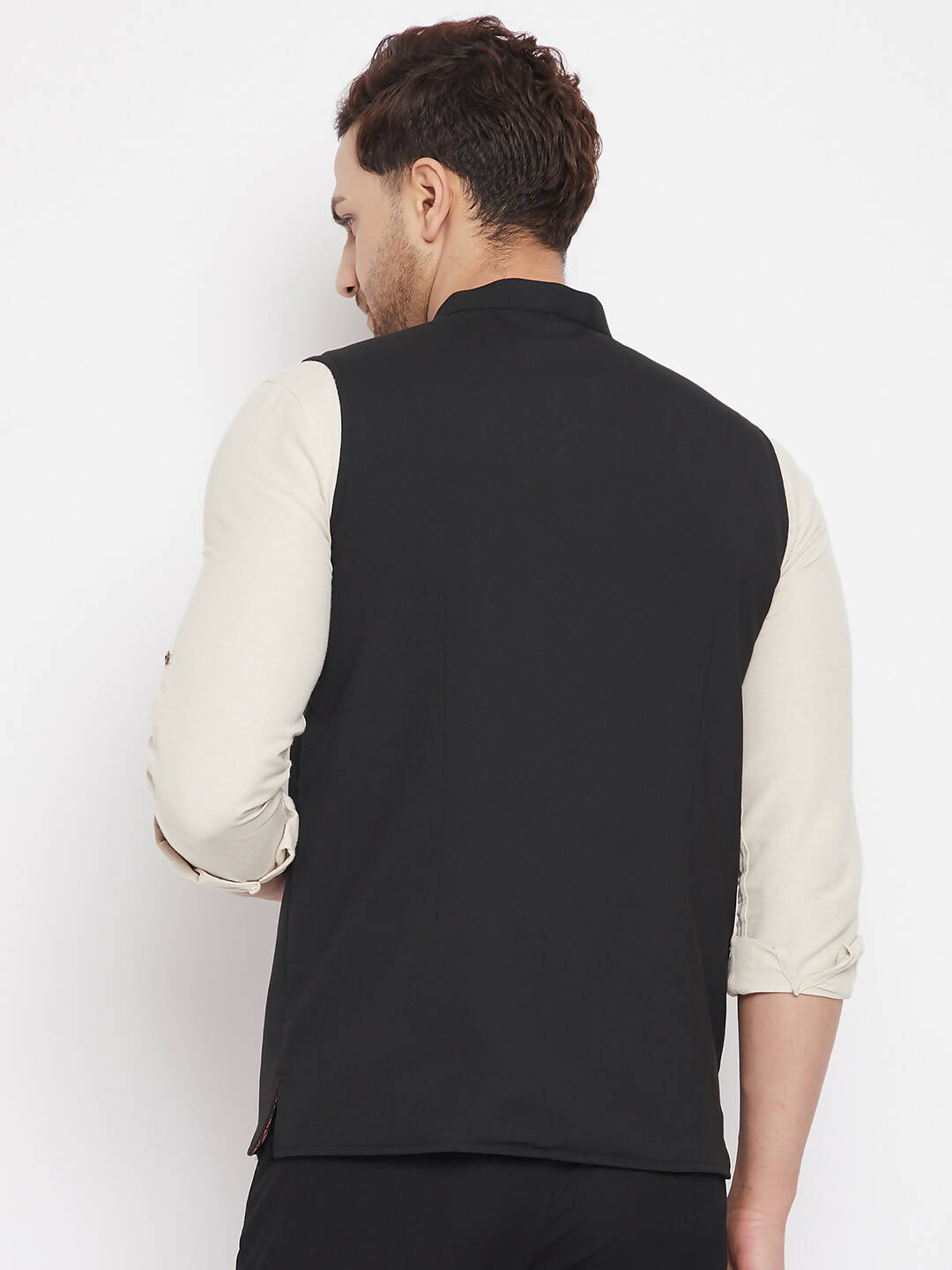 Even Apparels Black Merino Men's Nehru Jacket-Contrast Lining-Inbuilt Pocket Square