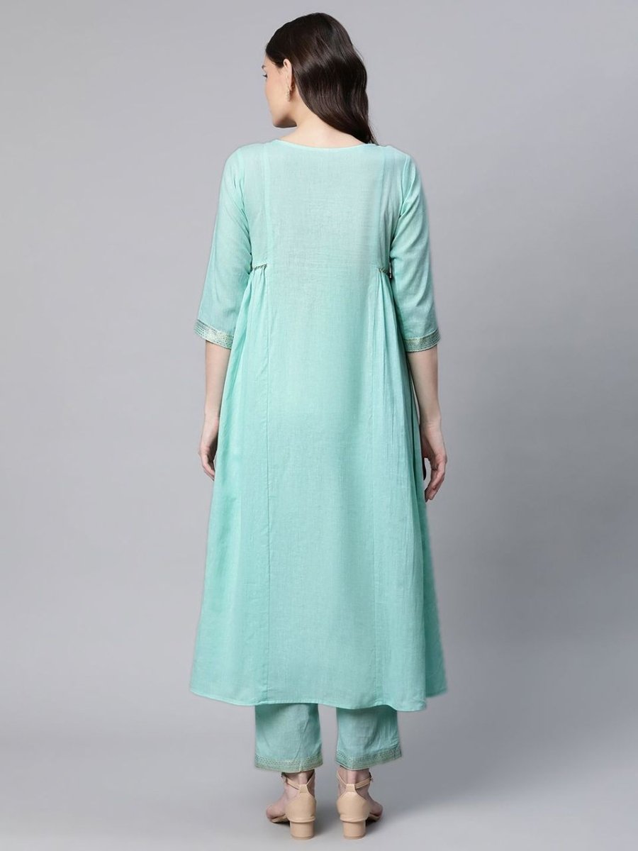 Ahalyaa Women Sea Green Colour Pure Cotton Gold Foil Print Kurta Pant Set