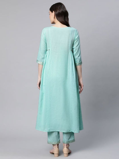 Ahalyaa Women Sea Green Colour Pure Cotton Gold Foil Print Kurta Pant Set