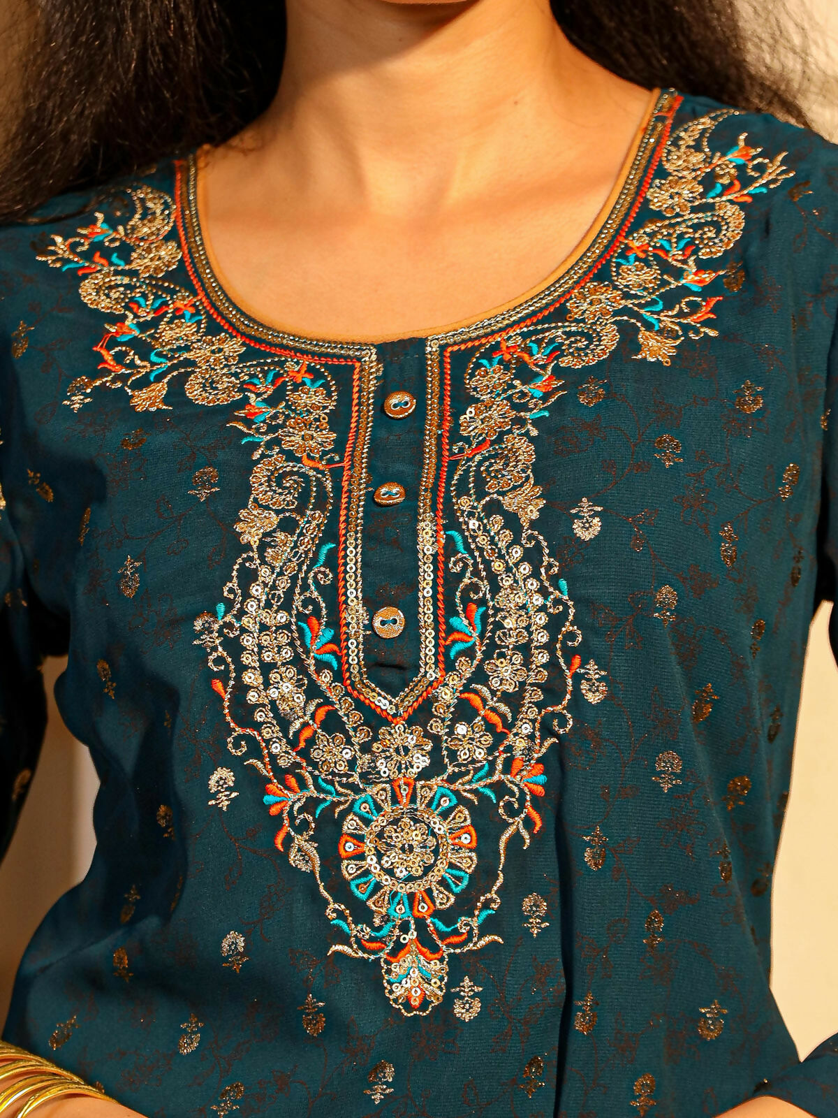Juniper Women's The Swarn Teal Ethnic Motif Printed Georgette Kurta Pant And Dupatta With Sequins & Zari Work