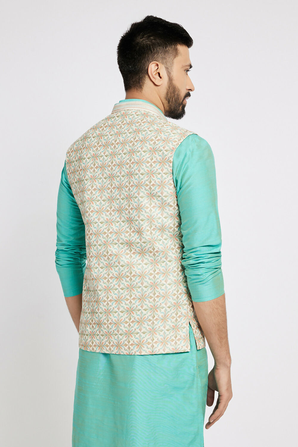 Ethnic India Light Blue Bundi Men's Jacket Abstract Polyester