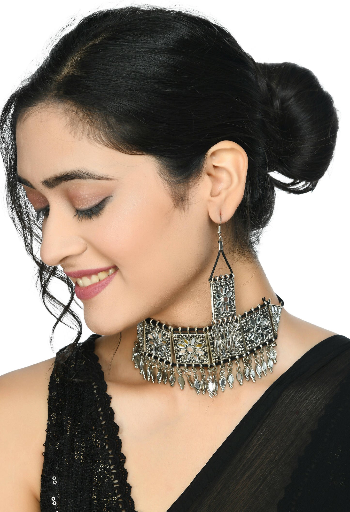 Mominos Fashion Johar Kamal Women Silver-Plated Brass Finish Mirror Work Choker