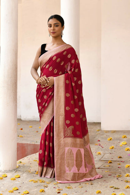 Joban Fashion Red Crepe Chiffon Pure Handloom Banarasi Silk Saree