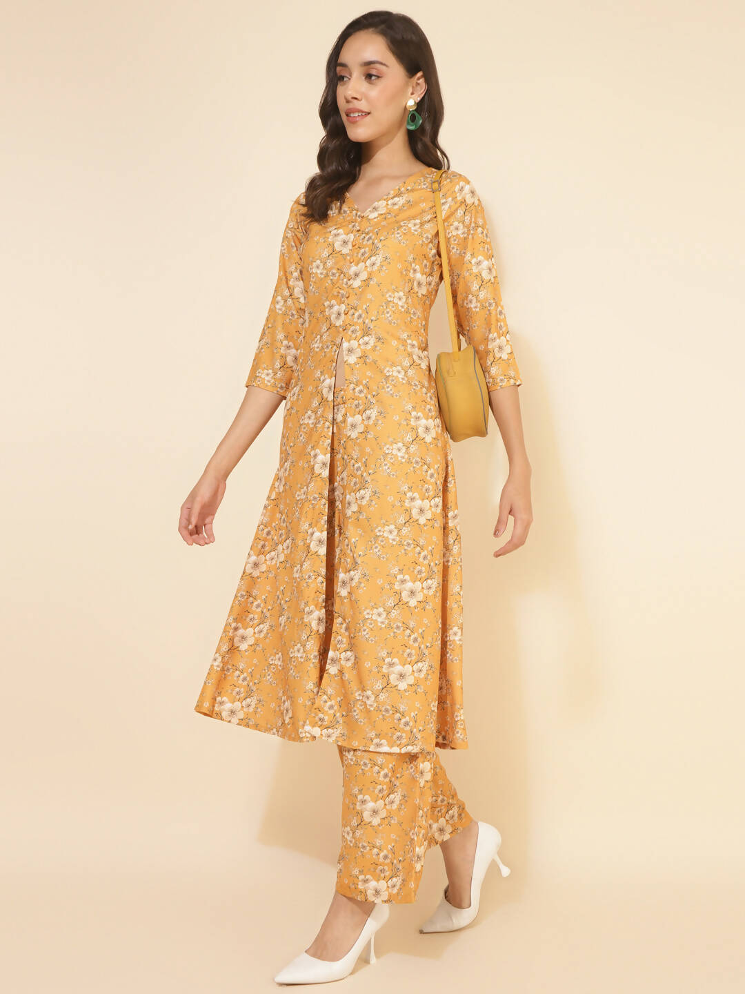 Janasya Women's Mustard Moss Floral Printed Casual Front Slit Co-ords