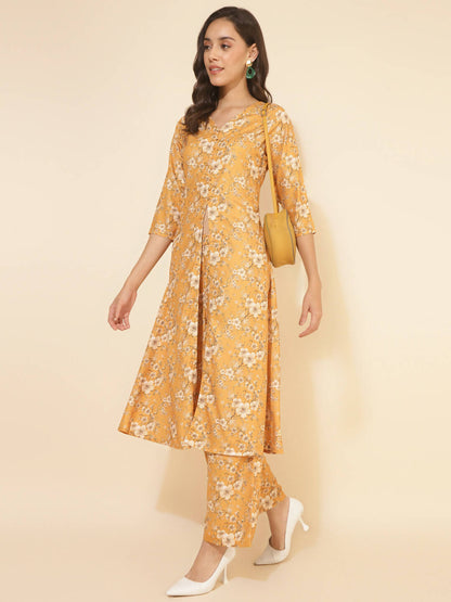 Janasya Women's Mustard Moss Floral Printed Casual Front Slit Co-ords