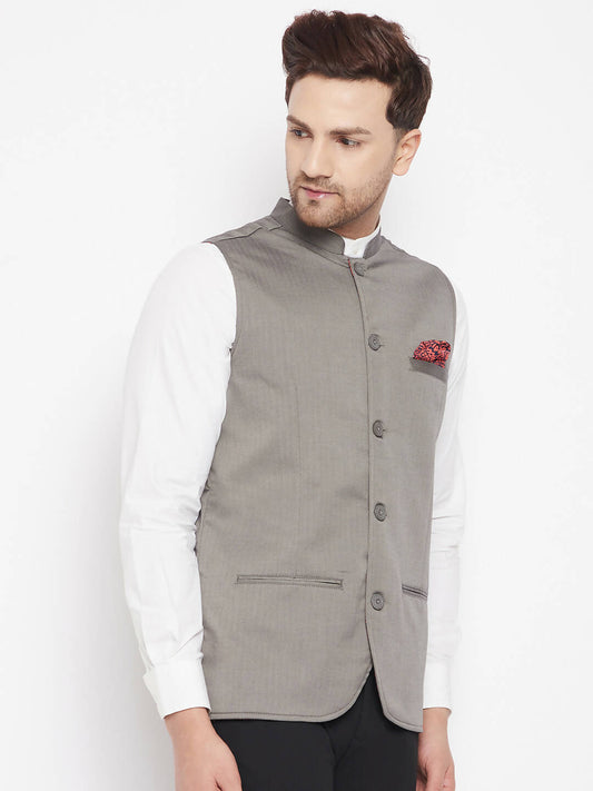 Even Apparels Grey Polyester Men's Nehru Jacket-Contrast Lining-Inbuilt Pocket Square