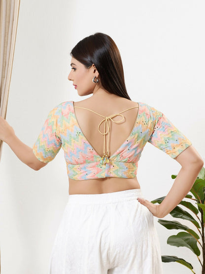 Joban Fashion Multi Silk Padded Blouse With V Neck Elbow Sleeves
