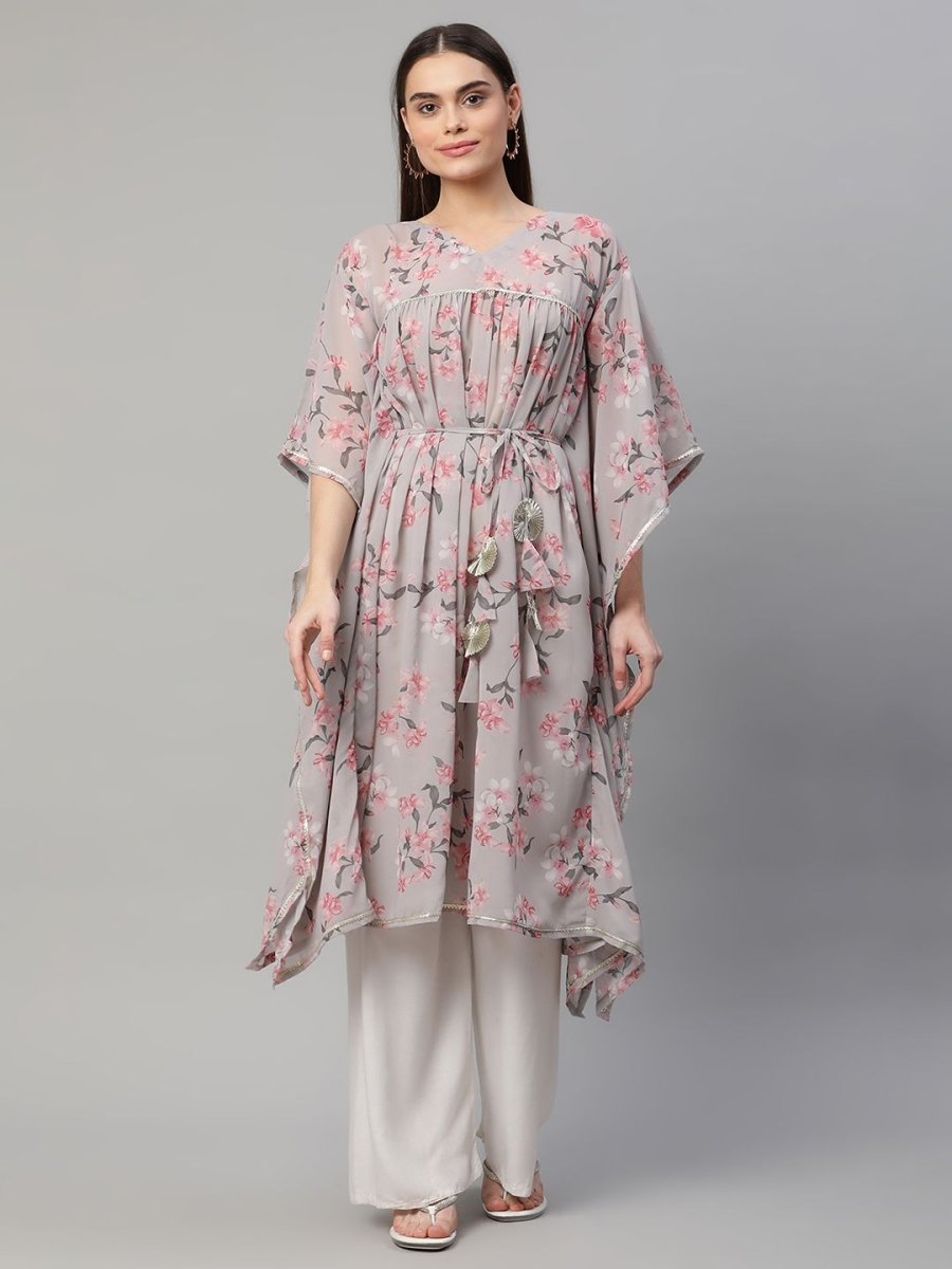 Ahalyaa Women Grey Georgette Floral Printed Kaftan Kurta