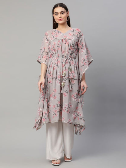 Ahalyaa Women Grey Georgette Floral Printed Kaftan Kurta