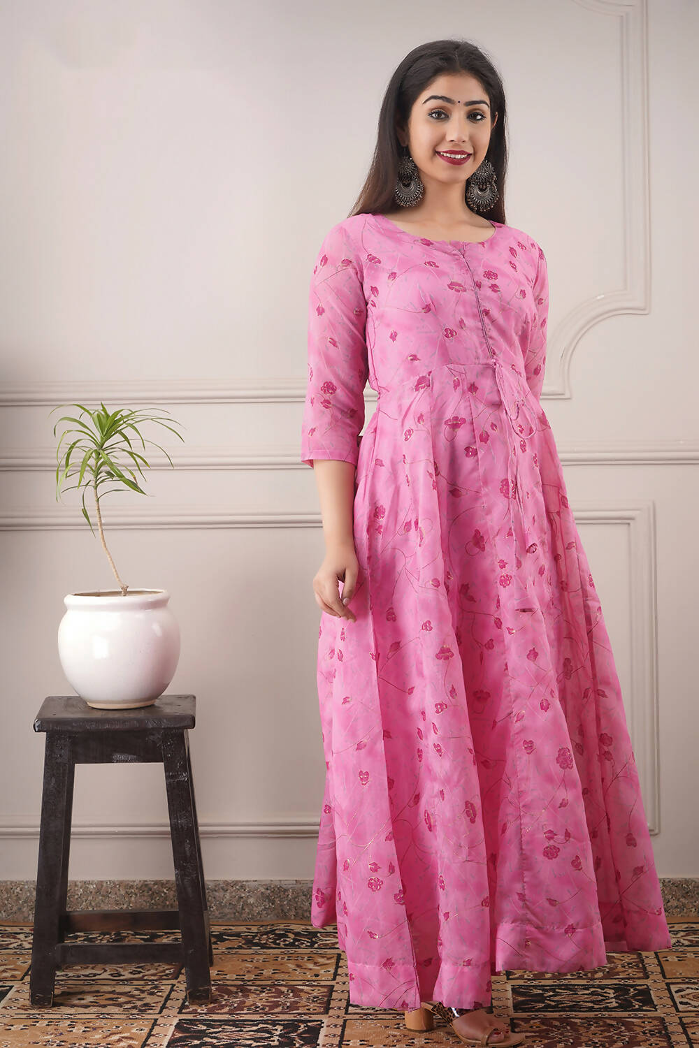 Partywear Designer Hand Screen and Foil Print pink Pure chanderi Gown - Anbazaar