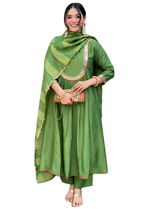 The52 Light Green Women's Gorgeous Embroidered Work Chanderi Fabric Flared Kurta Pant and Dupatta Set