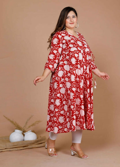 Miravan Women's Plus Size Pure Cotton Floral Printed Anarkali Kurta