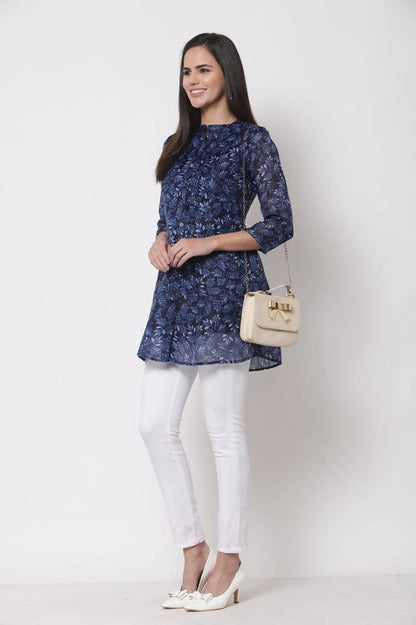Myshka Women's Trendy Organza Printed 3/4 Sleeve Round Neck Casual Multicolor Tunic