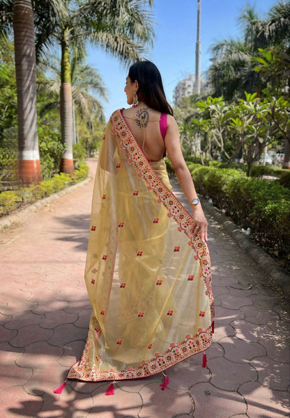 Vastranavya Twill Net Designer Embroidery & Colour Thread & Diamond work Saree with Blouse Material - Yellow