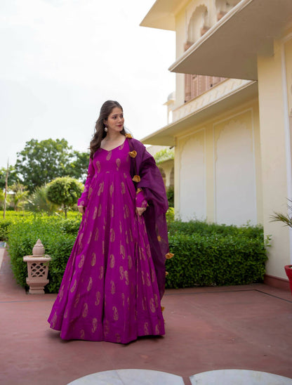 Purple Pure Reyon Gold Foil Work Stitched Suit With Dupatta - Anbazaar