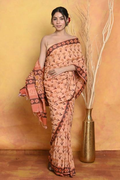 Very Much Indian Designer Modal Silk Saree With With Beautiful Floral Print - Light Orange