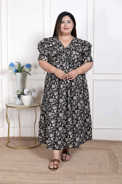 Miravan Women's Plus Size Pleated Puff Sleeve Floral Pure Cotton Black And White Butterfly Maxi Dress