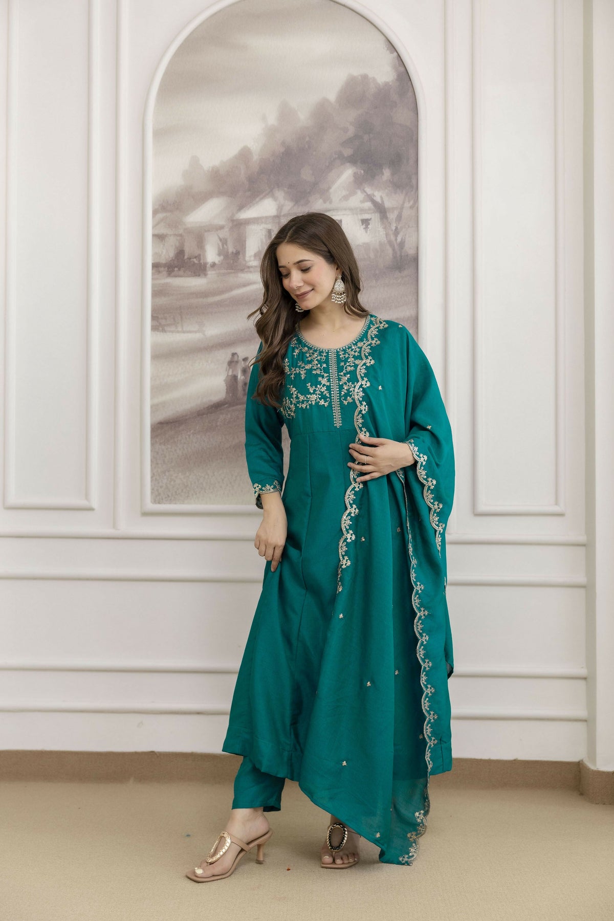 The52 Rama Women's Beautiful Vichitra Silk Fabric Embroidered Work Flared Anarkali Pant and Dupatta Set