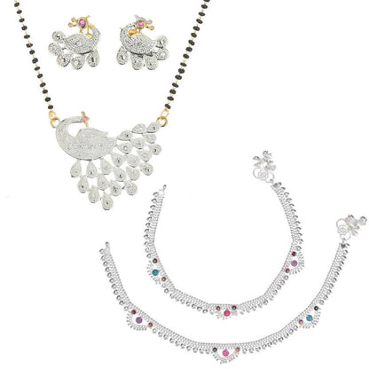 AanyaCentric Gold-Polished Mangalsutra Pendant Earring Set & Silver Plated Anklet