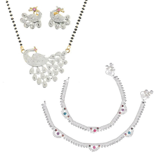 AanyaCentric Gold-Polished Mangalsutra Pendant Earring Set & Silver Plated Anklet