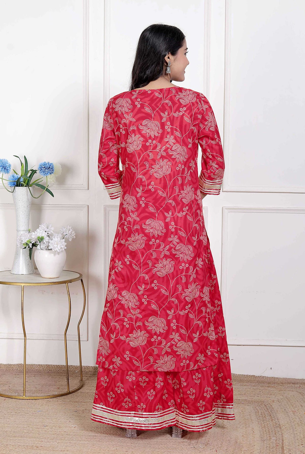 Miravan Women's Red Cotton Gota Work Kurta with Palazzo