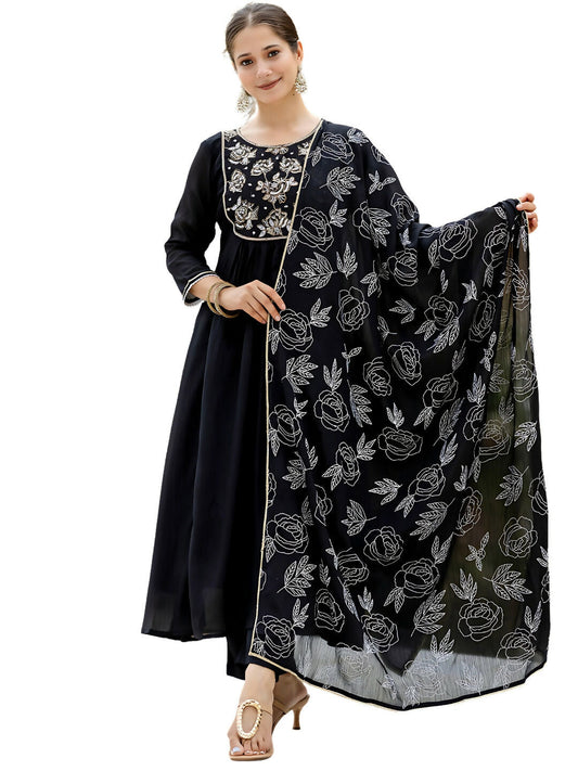 The52 Black Women's Beautiful Embroidered work Chinon Fabric with Flared Kurta, Pant and Dupatta Set
