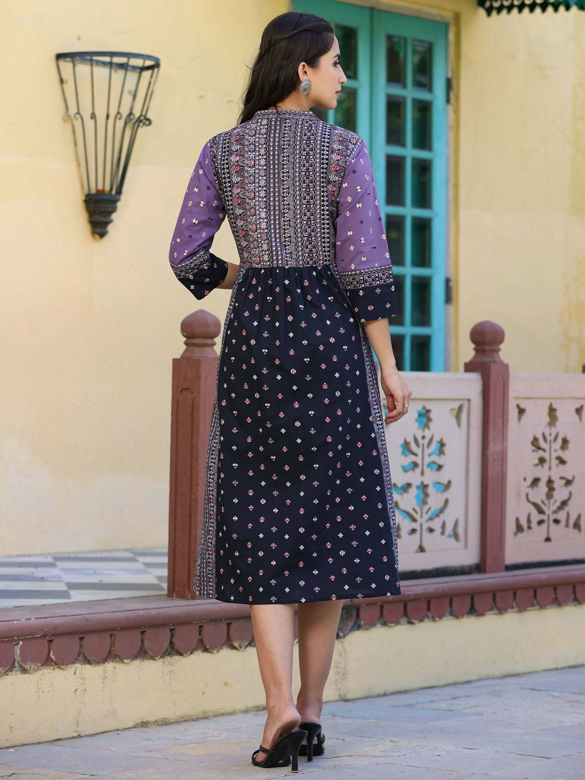 Juniper Women's Lavender Printed Embroidered Flared Dress