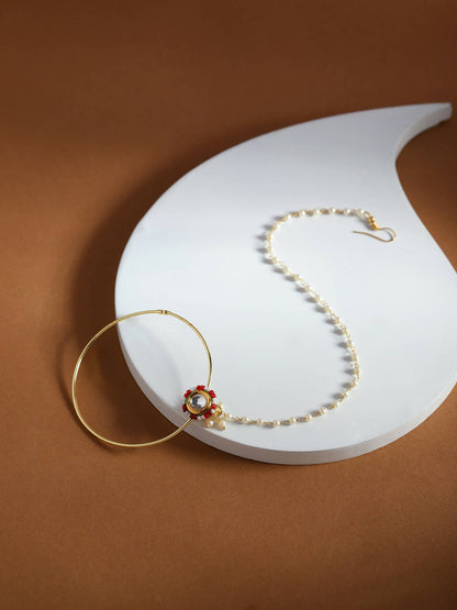 Gold-Pleated Red White Kundan Studded Beaded Chained Nosepin - Ruby Raang