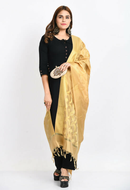 Mominos Fashion Moeza Women's Banarsi Silk Floral Woven Design Golden Dupatta