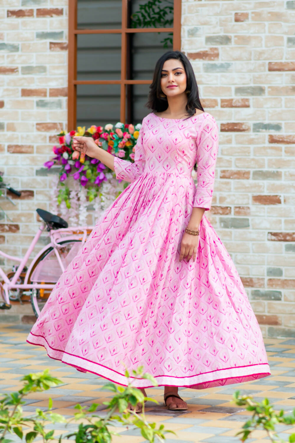 Partywear Designer Digital Printed Light pink Pure Maslin Gown - Anbazaar